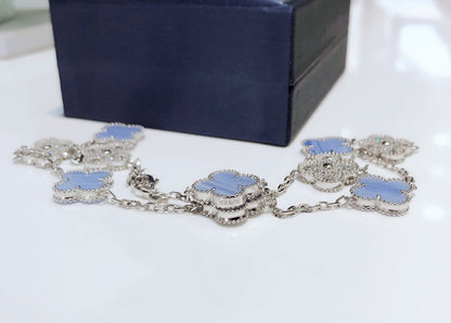 [CharmAmor]CLOVER 10 MOTIFS CHALCEDONY DIAMONDS SILVER NECKLACE