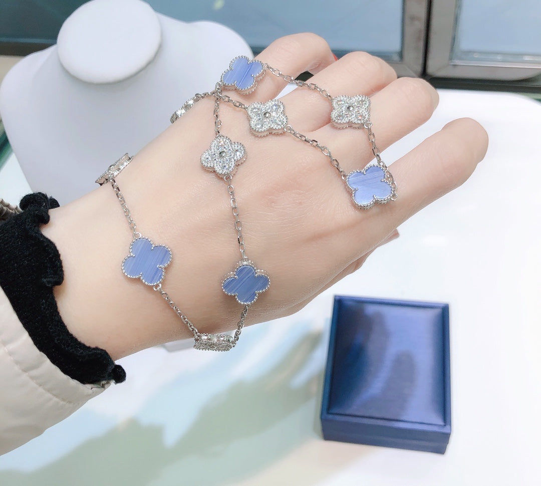 [CharmAmor]CLOVER 10 MOTIFS CHALCEDONY DIAMONDS SILVER NECKLACE