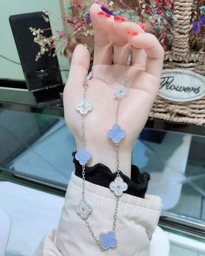 [CharmAmor]CLOVER 10 MOTIFS CHALCEDONY DIAMONDS SILVER NECKLACE