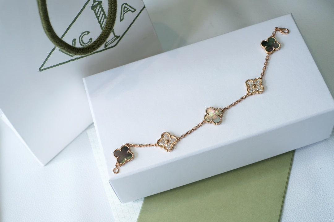 [CharmAmor]CLOVER 5 MOTIFS DARK MOP AND DIAMONDS PINK GOLD BRACELET