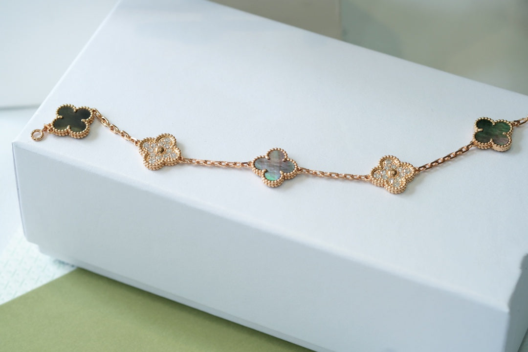 [CharmAmor]CLOVER 5 MOTIFS DARK MOP AND DIAMONDS PINK GOLD BRACELET
