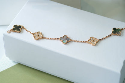 [CharmAmor]CLOVER 5 MOTIFS DARK MOP AND DIAMONDS PINK GOLD BRACELET