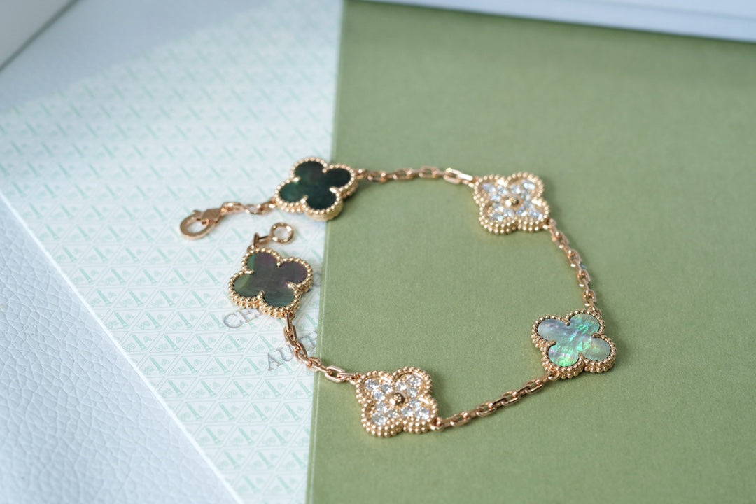 [CharmAmor]CLOVER 5 MOTIFS DARK MOP AND DIAMONDS PINK GOLD BRACELET