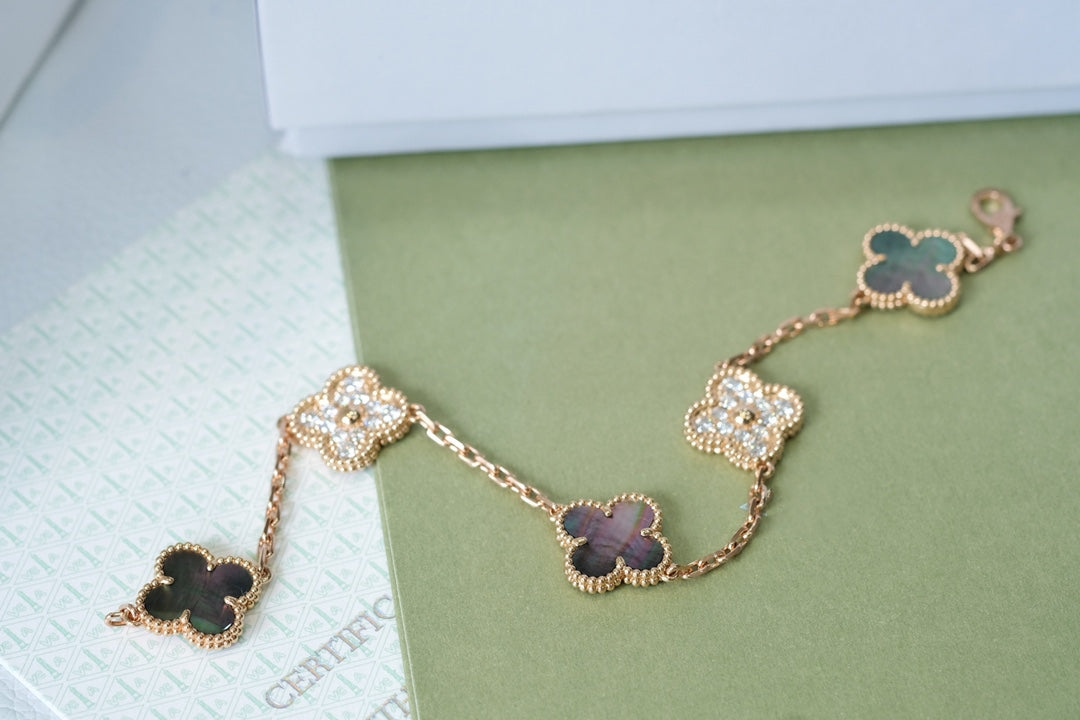 [CharmAmor]CLOVER 5 MOTIFS DARK MOP AND DIAMONDS PINK GOLD BRACELET