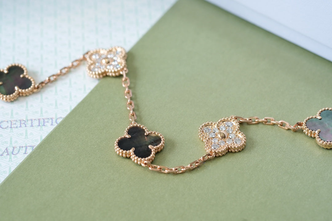 [CharmAmor]CLOVER 5 MOTIFS DARK MOP AND DIAMONDS PINK GOLD BRACELET