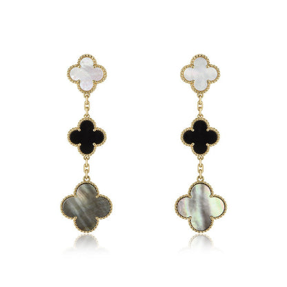 [CharmAmor]CLOVER EARRINGS GOLD ONYX MOP 3 MOTIF