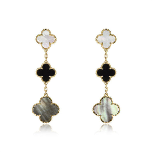 [CharmAmor]CLOVER EARRINGS GOLD ONYX MOP 3 MOTIF